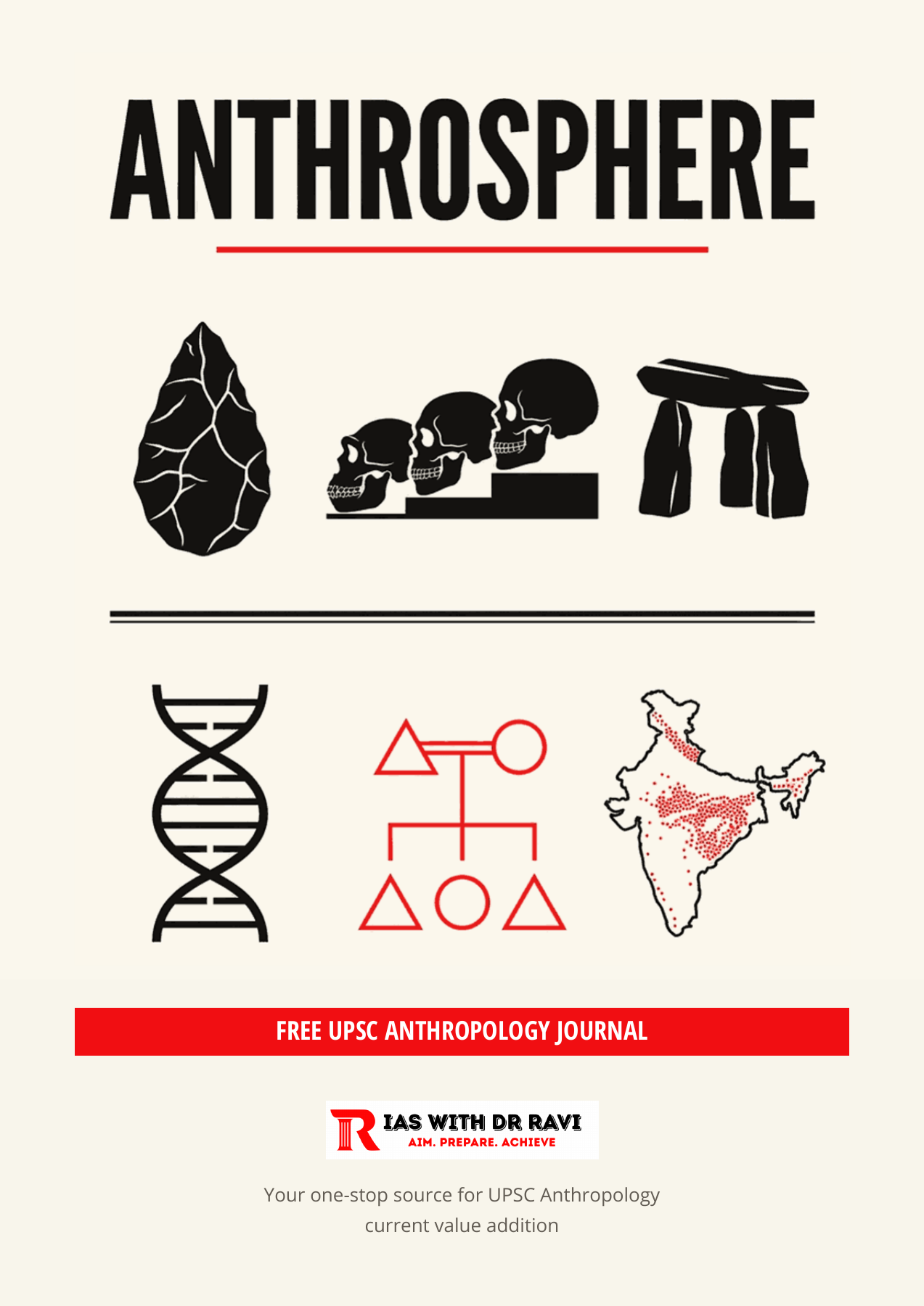 AnthroSphere journal artwork featuring stone tools, human evolution, genetics, kinship and India
